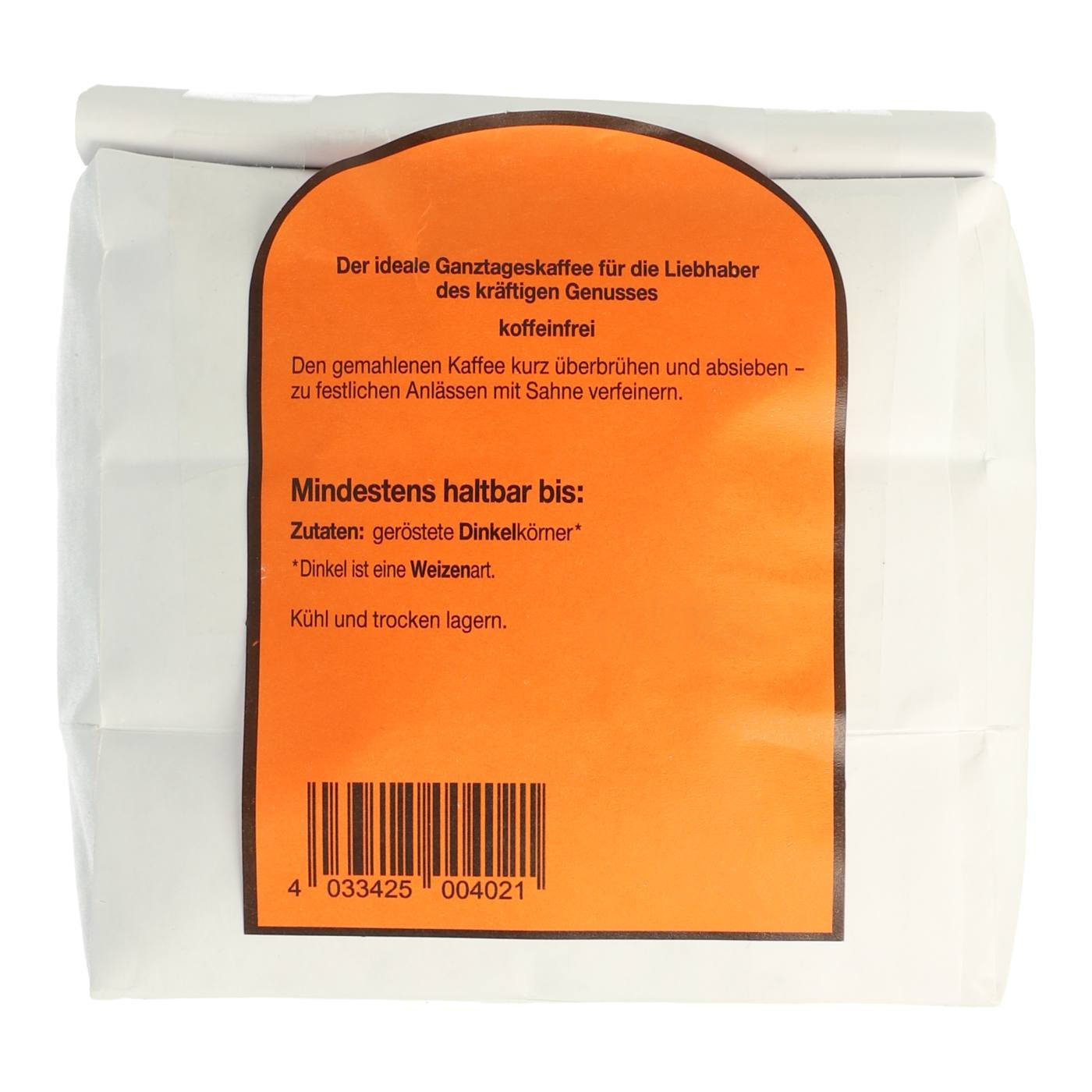 Dinkelkaffee gemahlen 500g Rück
